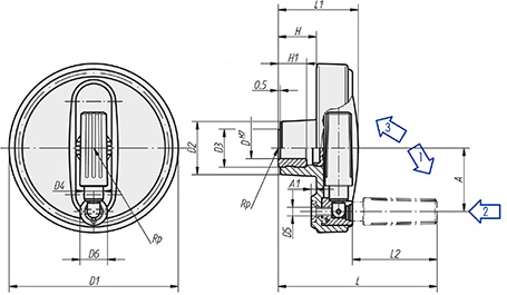 Schéma 1 + Handwheel with safety 
grip in composite plastic 