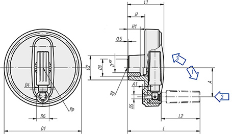 Schéma 1 + Handwheel with safety 
grip in composite plastic 